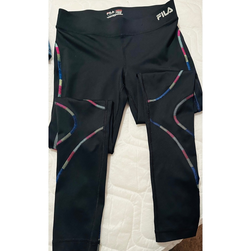 Fila‎ Sport Running Leggings Womens XS Black Rainbow Stitch Activewear Tights